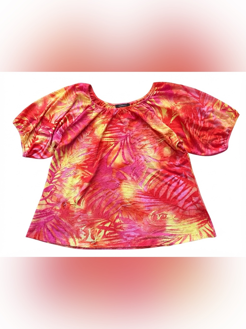 Calessa Sunset Tropical Leaf Burnout Terry Short Sleeve Top NWOT 3X